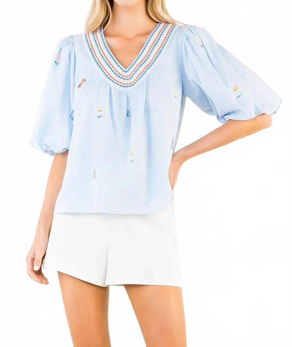 NEW THML puff sleeve sailboat top in light blue